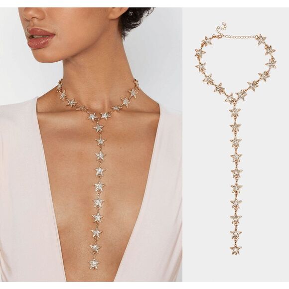 ⭐ Star Drop Spangled Sparkly Shiny Rhinestone Y Lariat Long Gold Necklace NEW - Picture 1 of 16